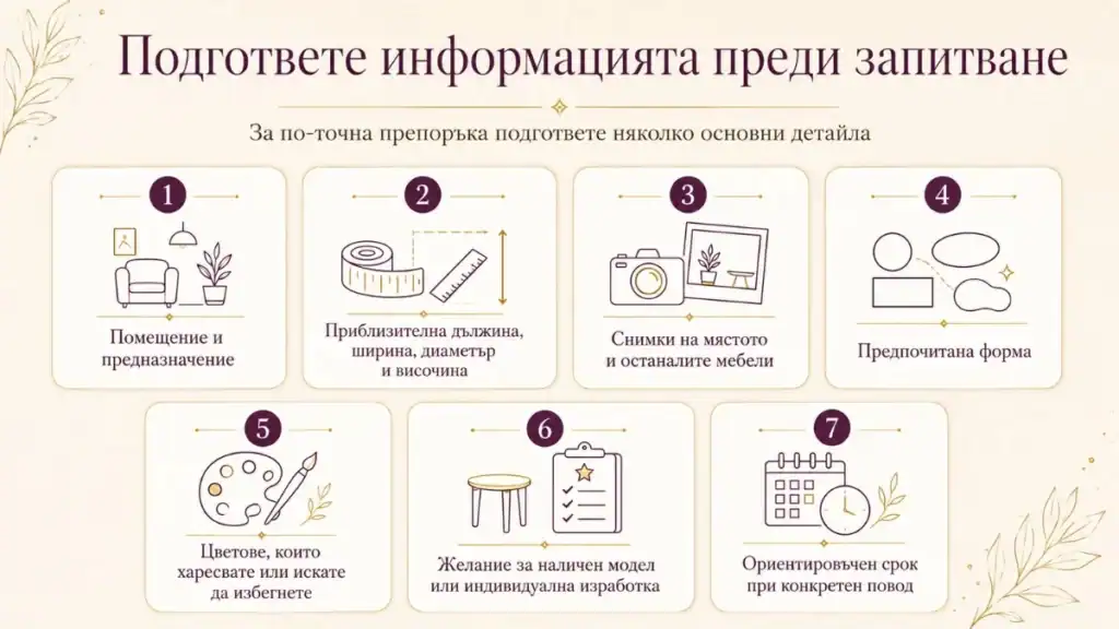 Инфографика с информацията, необходима преди запитване за маса от епоксидна смола