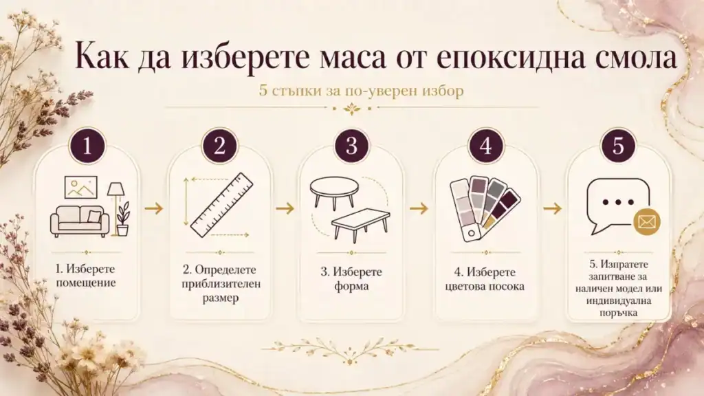 Инфографика с 5 стъпки как да изберете маса от епоксидна смола според помещение, размер, форма, цветове и запитване